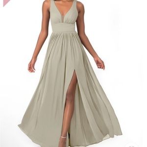 Azazie Sage Green V-Neck Chiffon Slit Evening Dress